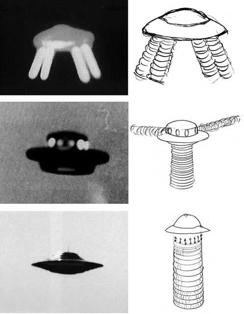 Фото «тарелок» от 23 марта 1974 года, Albiosc, Франция. Рядом - схемы, объясняющие принцип полета. Дискообразные аппараты взлетали за счет кольцевых вихрей и/или за счет вращательного гироскопического эффекта.