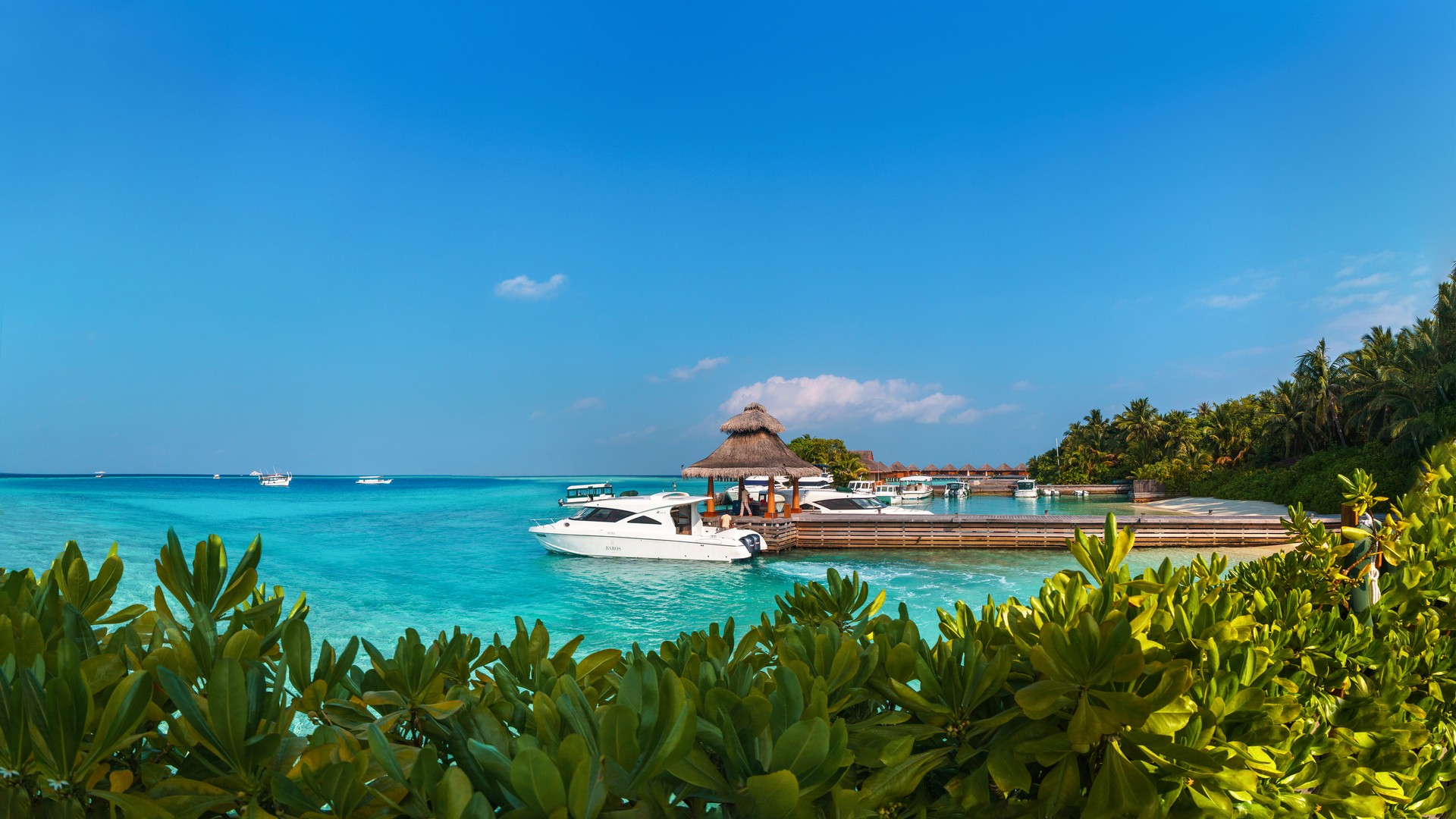 Экзотический пляж с бунгало на воде, голубой лагуной и пальмами, Барос.