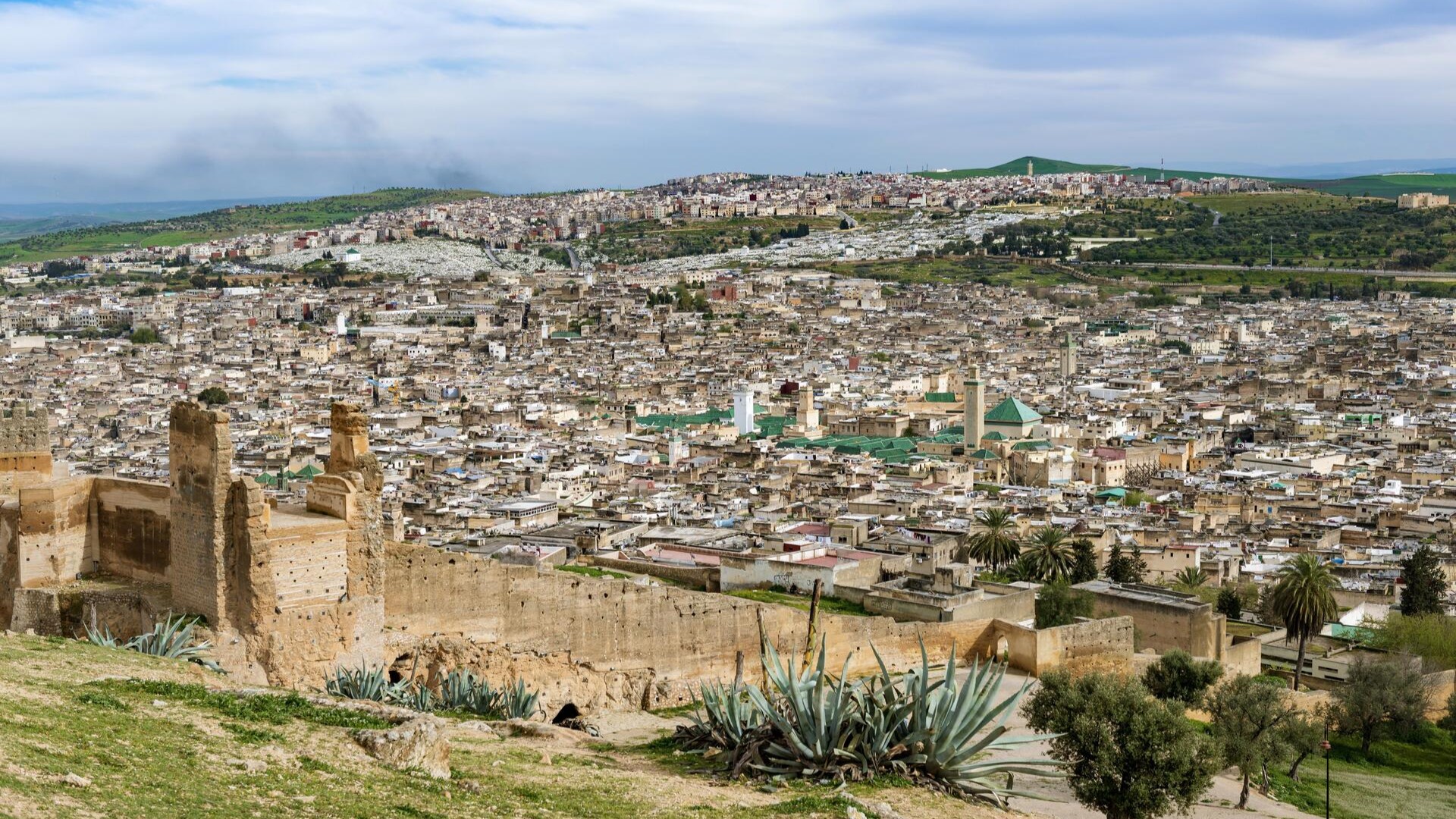 Вид на Фес с городской стеной, университет Аль-Карауйин, за ним зеленые холмы.